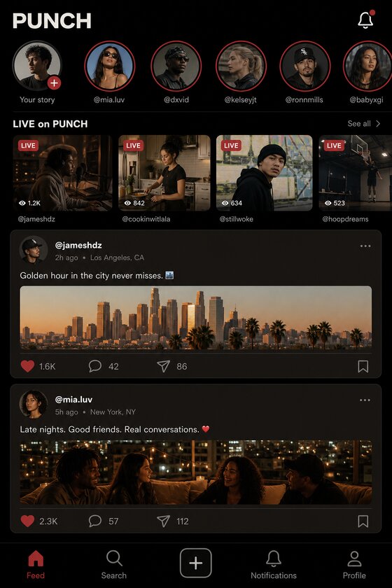 PUNCH feed — stories, live rail, and posts from people you follow
